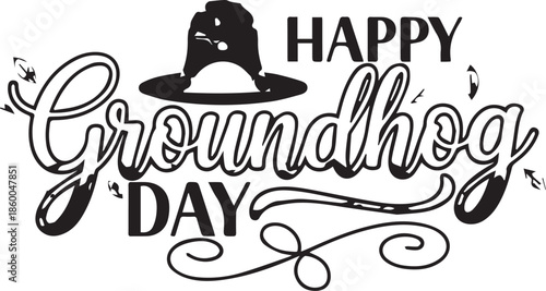 Black and white vector illustration of groundhog silhouette with festive text for Groundhog Day celebration