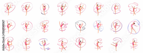 Collection of Rhythmic Gymnastics Ribbon Illustrations: Elegant Athletes Performing Dynamic Exercises, Set of Vector Art Isolated on White Background.