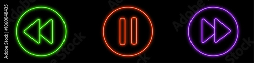 Neon Digital media player control icons on black background. previous track, pause, next track symbol. vector illustration.