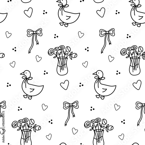 Whimsical hand drawn seamless pattern with goose and flowers.