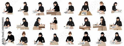 Young women practicing brush lettering and calligraphy in various poses, illustrating art, creativity, and hand-drawn typography skills.