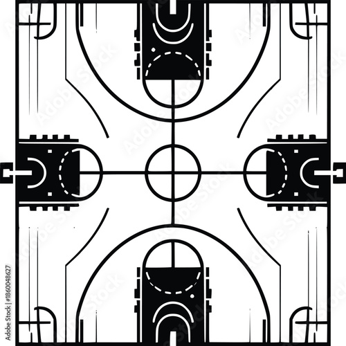 Aerial view of a basketball court with marked lines and key areas