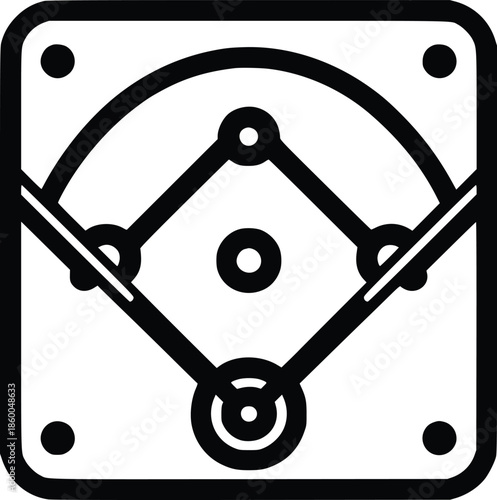 Black and white line art of a baseball field within a square frame