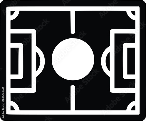 A simple black and white illustration of a soccer field with a ball