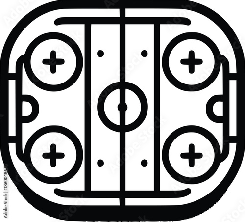 A black and white line drawing of a foosball table game setup