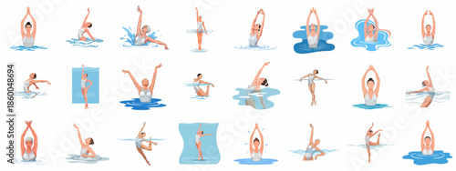 Vector illustration set of artistic swimming women performing various graceful synchronized water ballet poses.