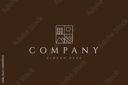 nature logo with elements of waves, sun, mountains, and trees in a square shape with a line art style