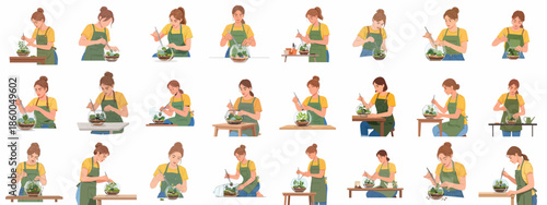 Woman making and caring for terrariums set. DIY miniature garden creation, hobby, crafting and home gardening illustrations bundle.