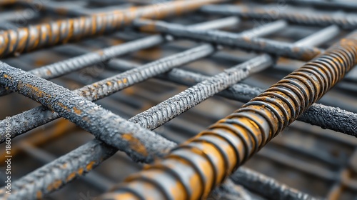 Close up of rusty rebar mesh structure featuring textured steel reinforcing bars interwoven for concrete foundation preparation in an industrial construction setting