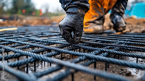Construction worker in muddy protective gloves carefully adjusts the tightly woven steel reinforcement mesh preparing a foundation slab for pouring concrete on a busy outdoor job site