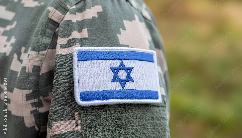 Obraz premium Patch on an Israeli soldier's uniform. The Israeli flag as a symbol of the Israeli army.