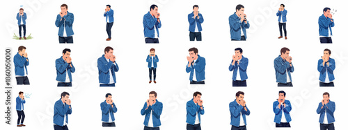 A Man Playing Harmonica: Various Poses and Expressions Vector Set. Musician Performing Blues or Folk Music Isolated on White Background.