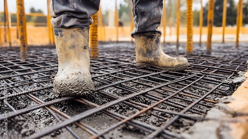Construction worker standing on reinforcing steel rebar mesh wearing dirty rubber boots preparing for concrete pouring on a foundation slab at an active building site