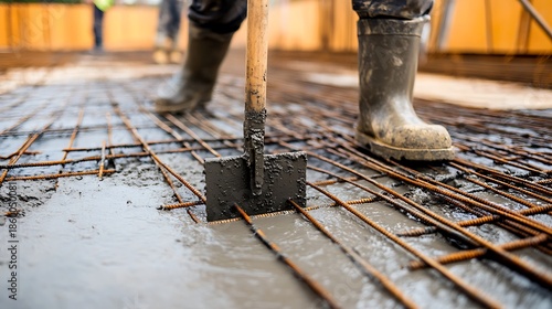 Close up of a construction worker's muddy rubber boot standing on wet poured concrete reinforcing steel rebar mesh with a shovel blade submerged in the slurry during foundation or slab preparation.
