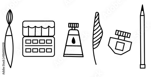 Art supplies doodle set. Vintage art supplies.