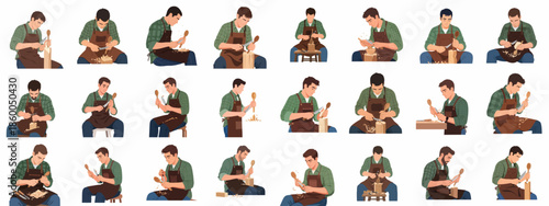 Wood carving process illustrations set: man crafting a spoon by hand with carving knives, showcasing the stages of traditional craftsmanship.