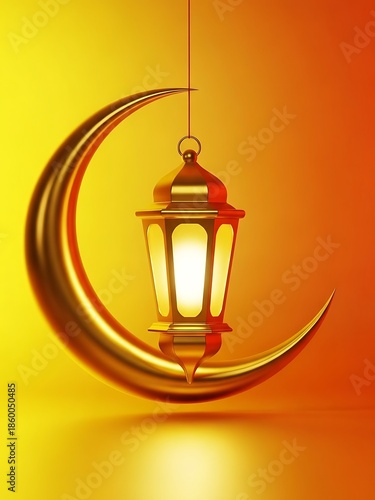 Golden crescent moon with hanging lantern on gradient background