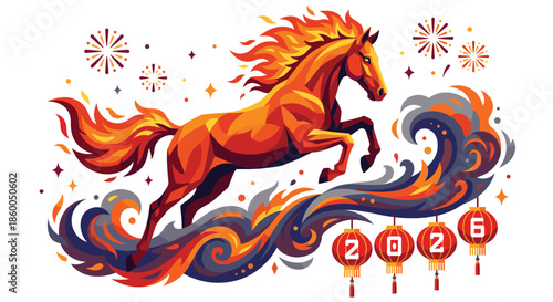 Leaping red horse over curling ocean waves, sparkling firework stars, lantern year 2026, dynamic lunar new year night in bright gold
