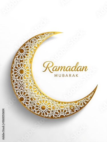 Golden crescent moon ramadan mubarak greeting card design isolated on white background