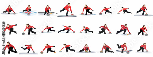 Female Curling Player Delivering Stone Vector Illustration Set showing various sliding techniques and poses on the ice sheet.