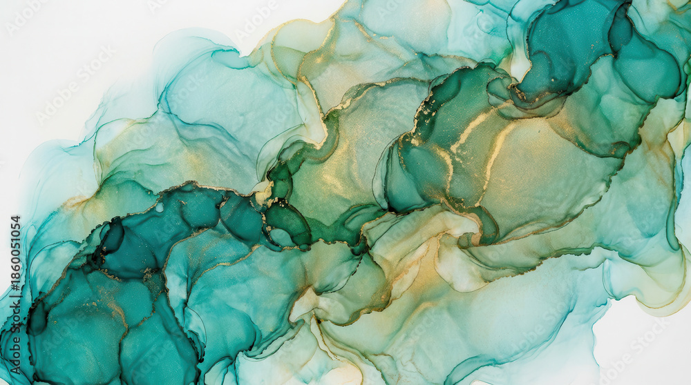 Obraz premium Abstract alcohol ink art with flowing teal, green, and gold colors creating a beautiful, ethereal background.