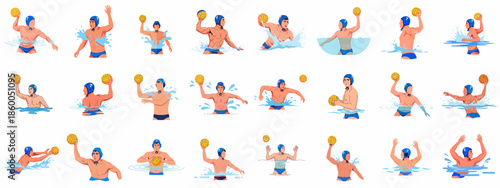 Water Polo Player Action Poses Set. Collection of male athletes throwing, catching, and defending the ball while treading water in a swimming pool, isolated vector illustrations.