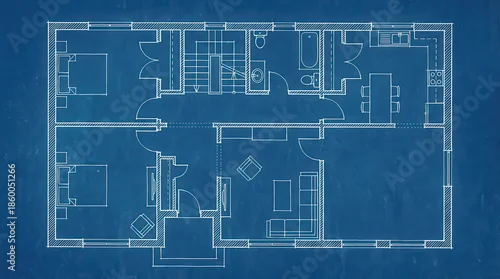 Obraz Detailed blueprint of a residential house floor plan showing multiple rooms and architectural layout.