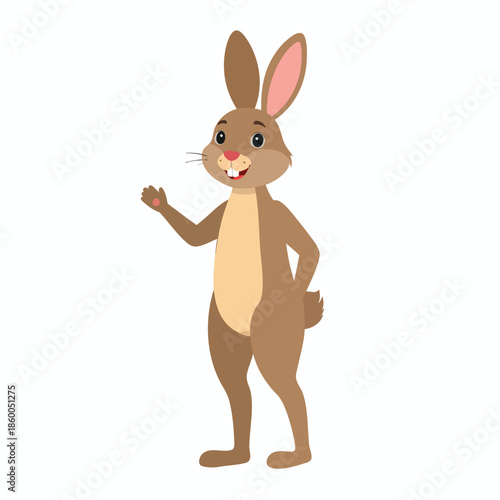 A cartoon rabbit stands happily holding a red fruit in a simple white background