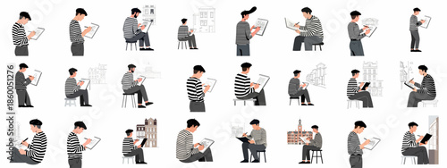 A collection of illustrations showing an artist wearing a striped shirt and beret sketching architectural urban landscapes and buildings in different poses.