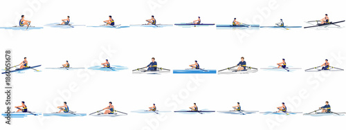 Multiple illustrations of male athletes performing competitive rowing, sculling, and water sports training concept set.