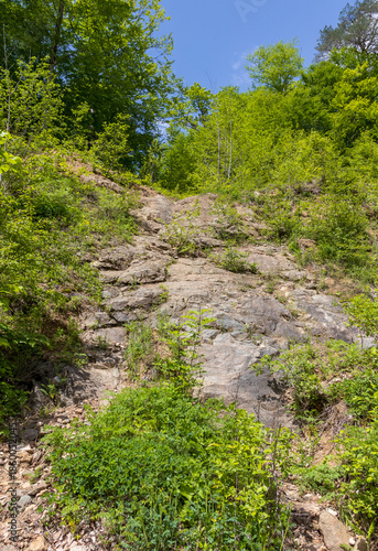Canyon walls of a mountain river with unusual stone cliffs in the summer