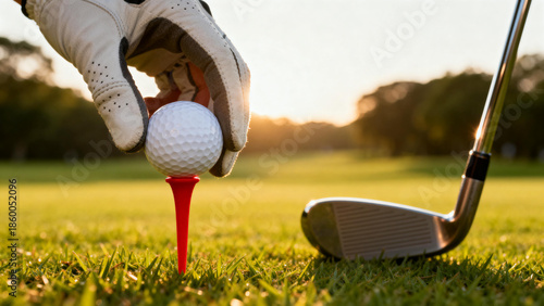 Golfer placing golf ball on tee with club nearby on a sunny course