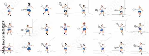 Collection of vector illustrations showing a female squash or racquetball player in various action poses, demonstrating shots and movement on the court.
