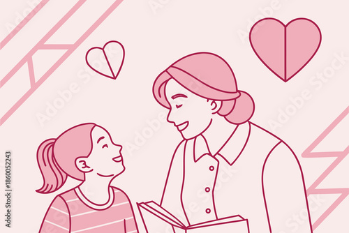 Vector illustration of a happy mother with her baby, daughter, and son celebrating family love with pink hearts and cartoon art for a Mother's Day card