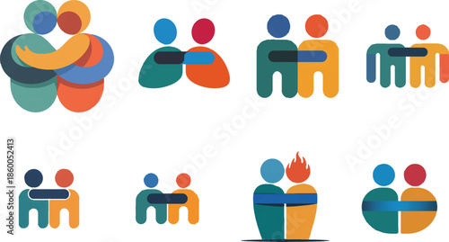 Colorful abstract people hugging and interacting in various poses