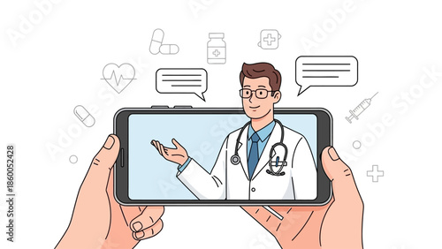 Doctor appearing on a smartphone screen giving a consultation to a patient.