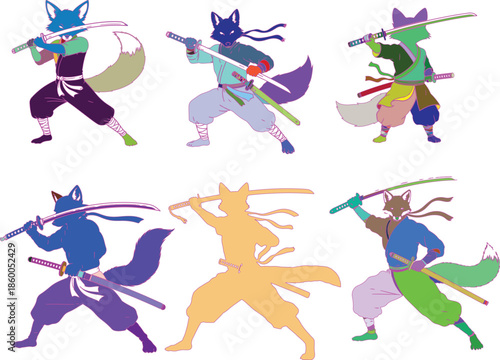 Colorful anthropomorphic cats wielding samurai swords in dynamic poses