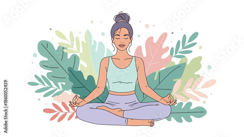 Woman doing yoga (lotus pose) surrounded by abstract organic leaves and nature elements, mindfulness and mental health concept.
