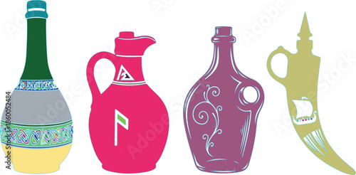 Colorful Vintage Bottles and Jugs with Decorative Patterns