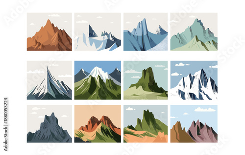 Grid of Twelve Stylized Mountain Illustrations