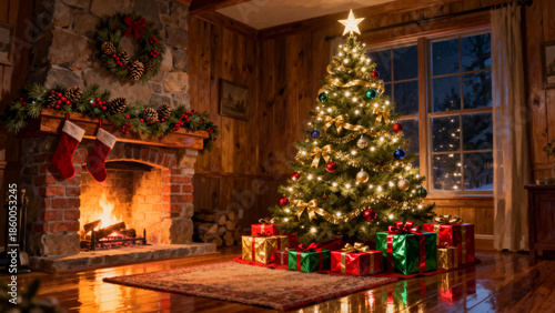 Cozy living room decorated for Christmas with a lit tree, fireplace, and presents