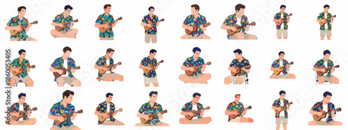 A collection of vector illustrations showing men in Hawaiian shirts playing the ukulele in various casual poses, suitable for tropical and music themes.