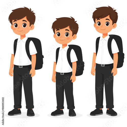 Three happy cartoon schoolboys wearing uniforms and backpacks, ready for school.