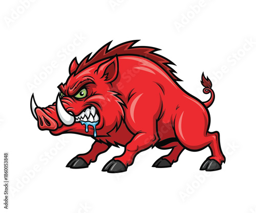 Angry red wild boar, aggressive animal cartoon mascot
