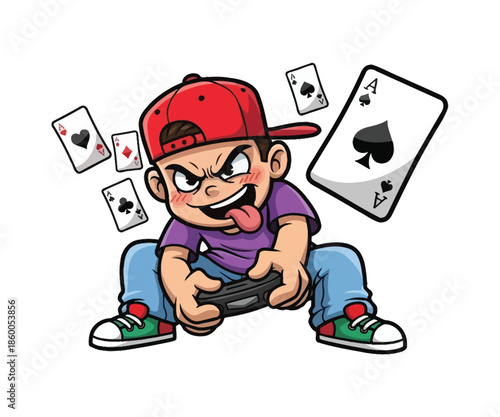 Boy playing video game with playing cards scattered around him