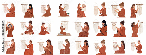 Collection of women crafting macrame wall hangings, demonstrating hobby, DIY art, and bohemian creativity.