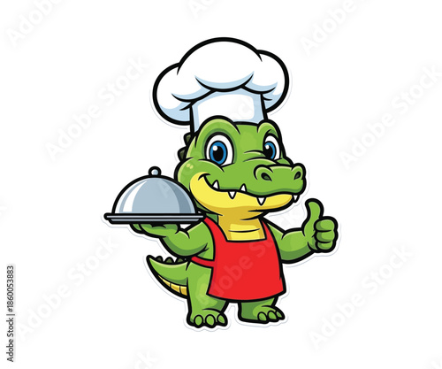 Chef alligator holding serving platter and giving thumbs up
