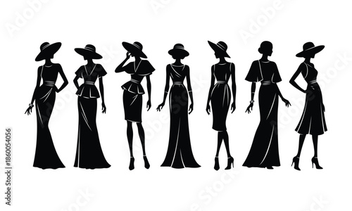 Elegant women in long dresses and hats, silhouette collection