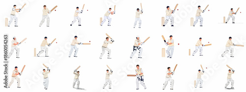 Cricket Batsman Poses Vector Set: Flat Illustrations of Players Playing Shots and Defense.