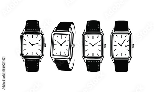 Set of four black and white square wristwatches on white background